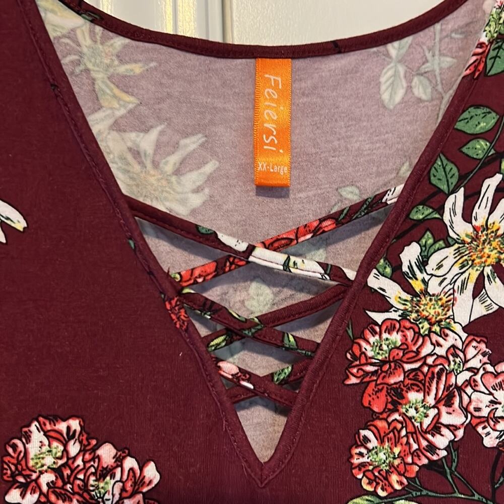 Feiersi Burgundy Soft Floral Lace Up V Neck Tank - Picture 6 of 11